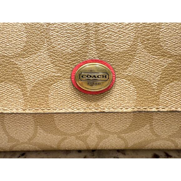 Coach Signature Coated Canvas Full Size PVC Checkbook Wallet Khaki / Pink Ruby - Picture 3 of 10